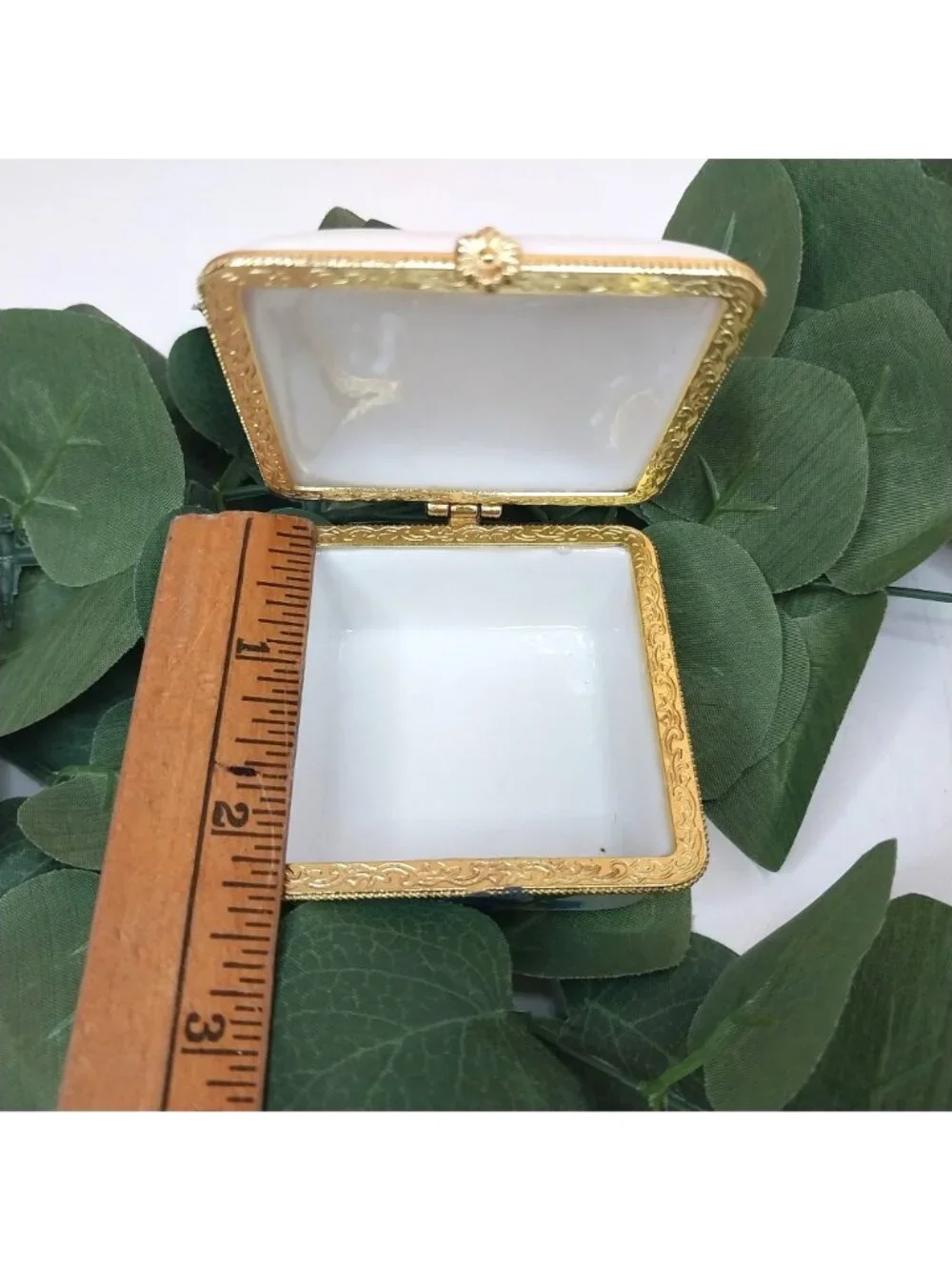 Porcelain Trinket Pill Box Blue Roses Floral Gold Trim Hinged Lid Square 2.25